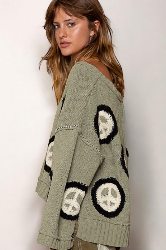 Serenity Now Chenille Peace Sign V Neck Oversized Sweater