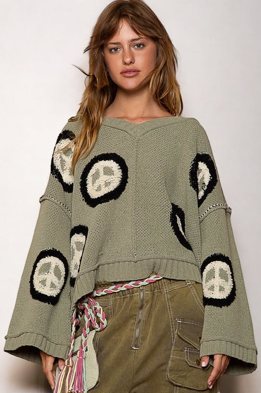 Serenity Now Chenille Peace Sign V Neck Oversized Sweater