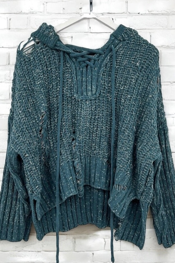 Tattered Up Color Blend Rib Knit Hoodie Sweater