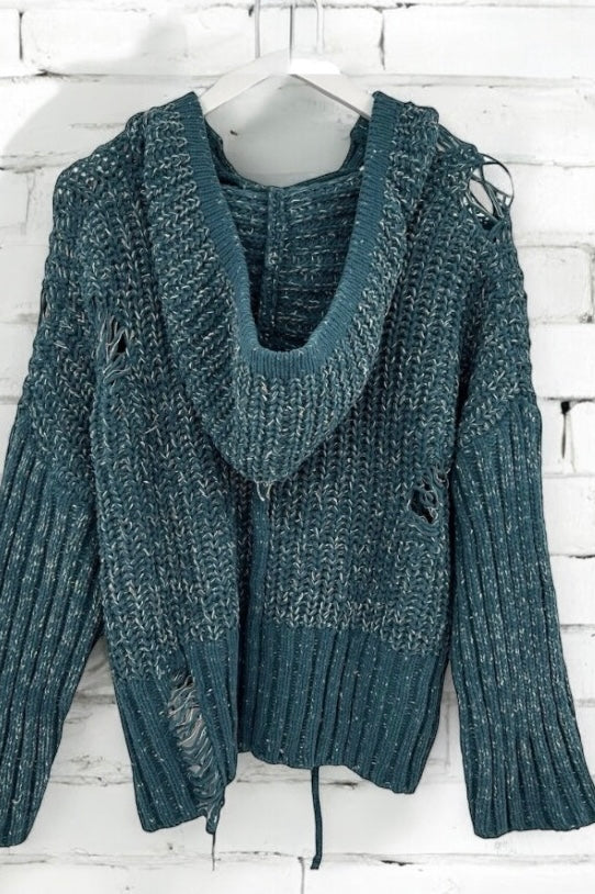 Tattered Up Color Blend Rib Knit Hoodie Sweater