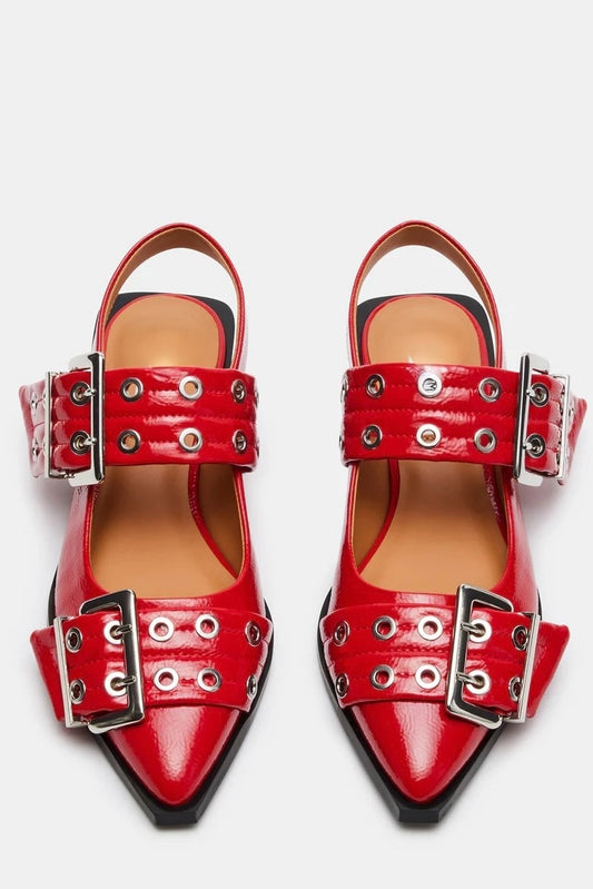 Red Hot Patent Oversized Buckle Slingback Flats