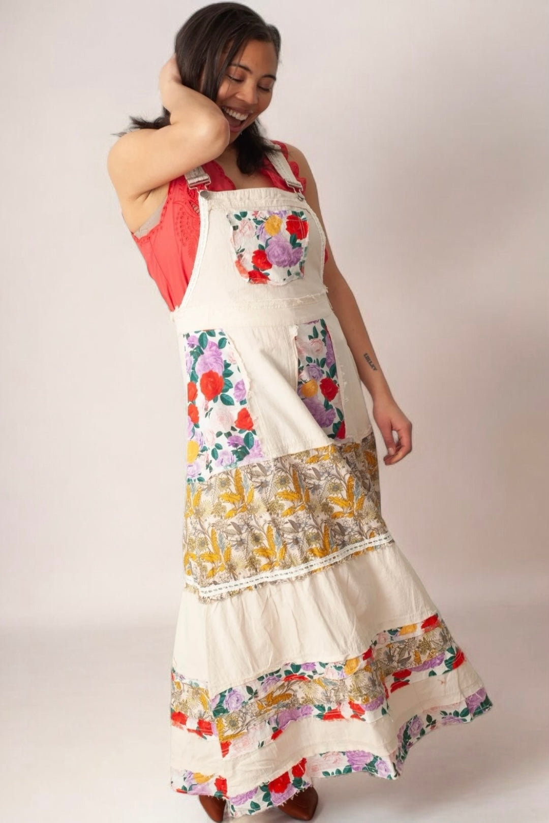 Love Bomb Floral Patchwork Washed Denim Skirtall | Cream