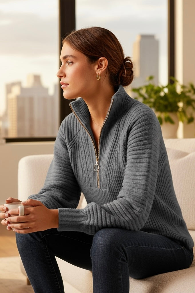 Charcoal gray rib knit zip sweater with balloon sleeves, styled casually with dark jeans by window