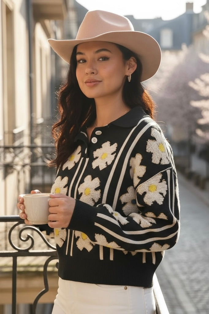 Black knit polo sweater with ivory daisy flowers, styled outdoors with hat and coffee cup