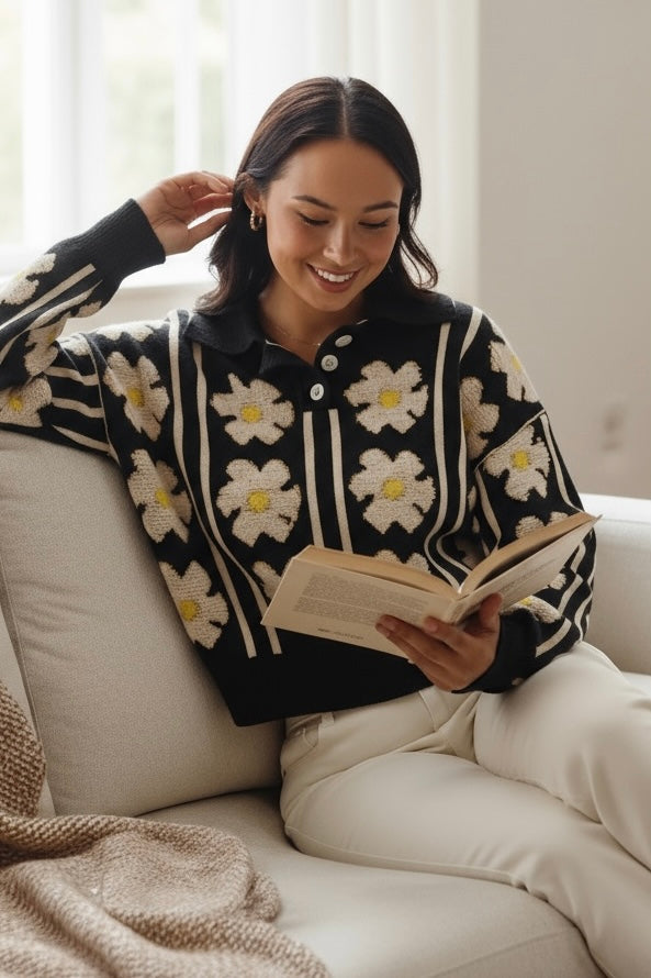 Black polo collar sweater with ivory daisy flowers, styled while reading on sofa with white pants
