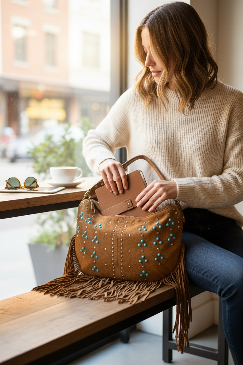 Vegan suede fringe hobo bag with turquoise stud details, medium size shoulder bag for boho cozy chic outfits