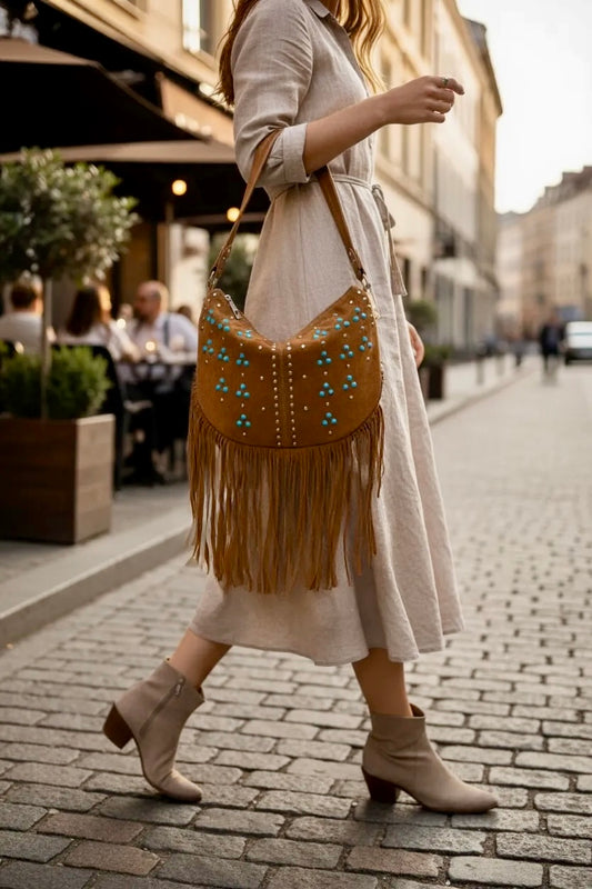 Vegan suede boho fringe bag, medium hobo purse with turquoise studs styled casual chic with a western edge