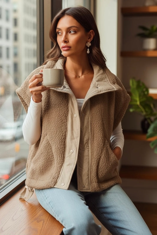 She’s Got Layers Sherpa Fur Oversized Vest | Taupe