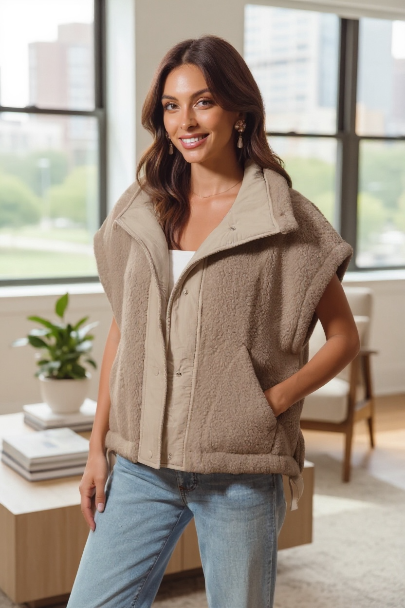 She’s Got Layers Sherpa Fur Oversized Vest | Taupe