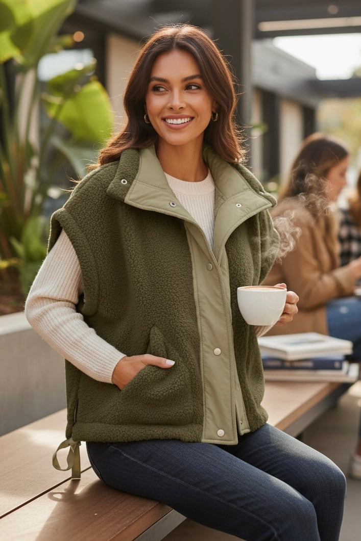She’s Got Layers Sherpa Fur Oversized Vest | Olive