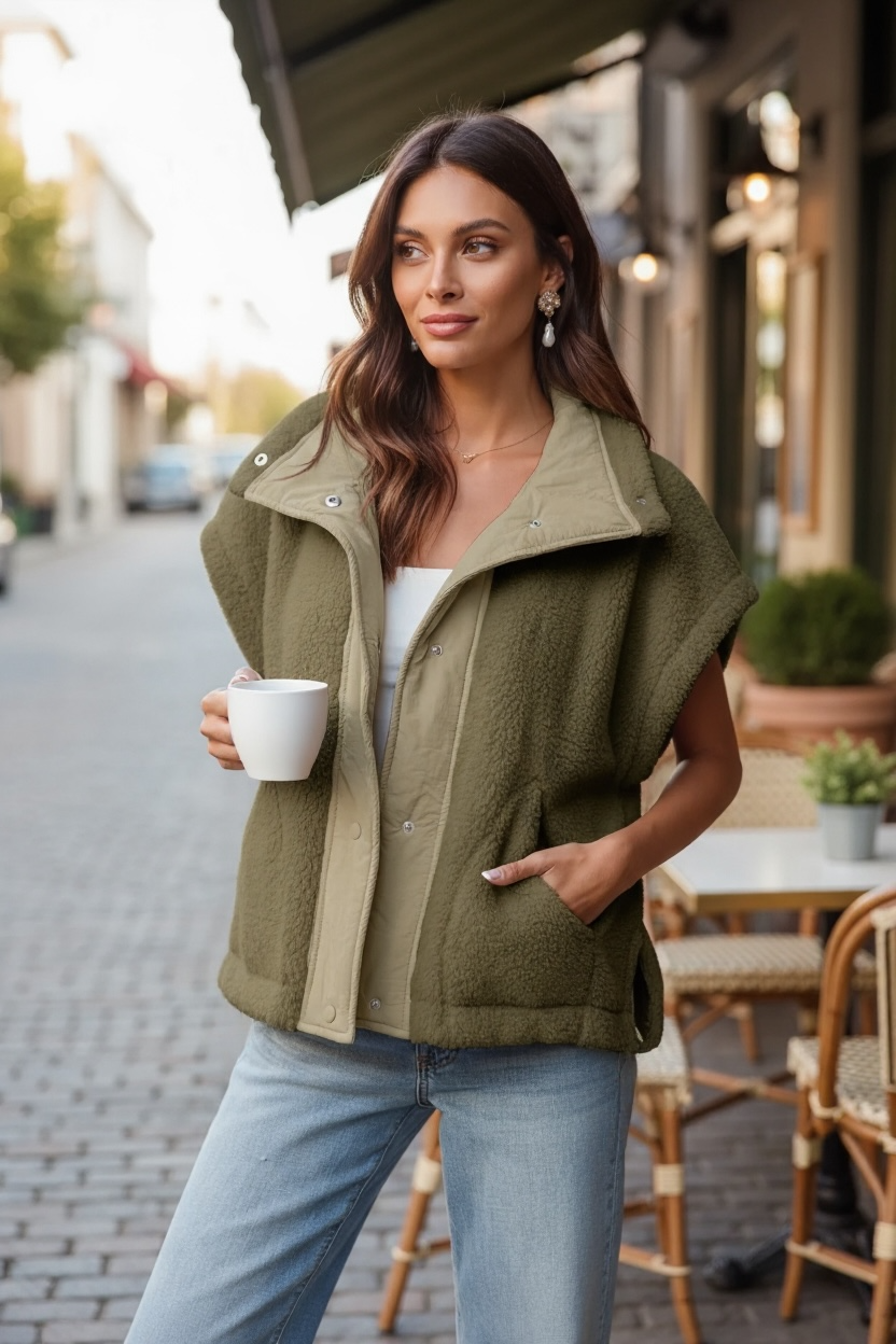 She’s Got Layers Sherpa Fur Oversized Vest | Olive