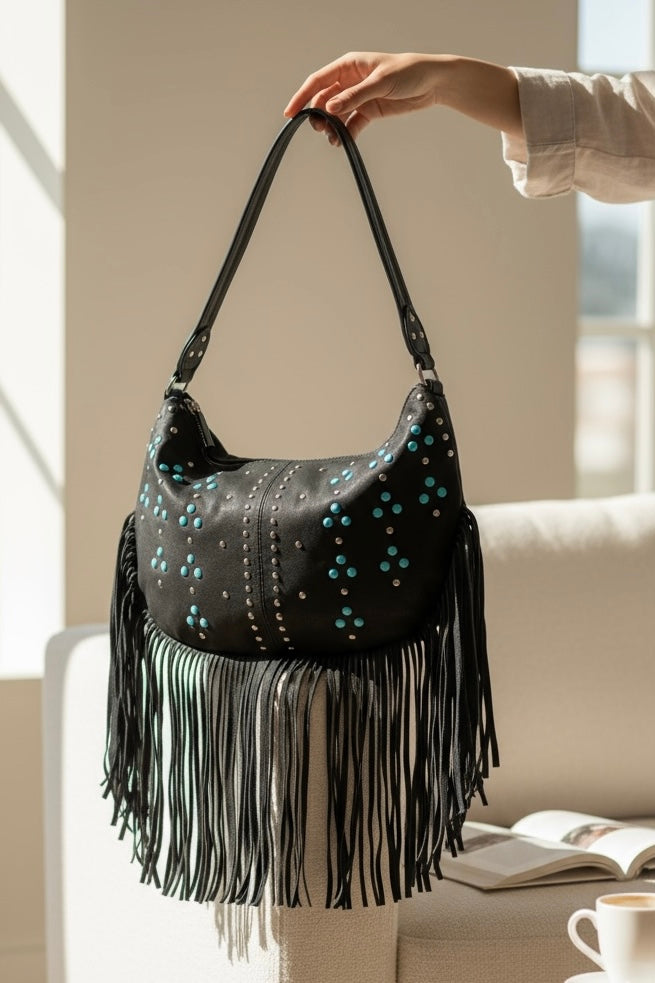 Black Vegan Leather Hobo Bag with Turquoise Studs and Fringe