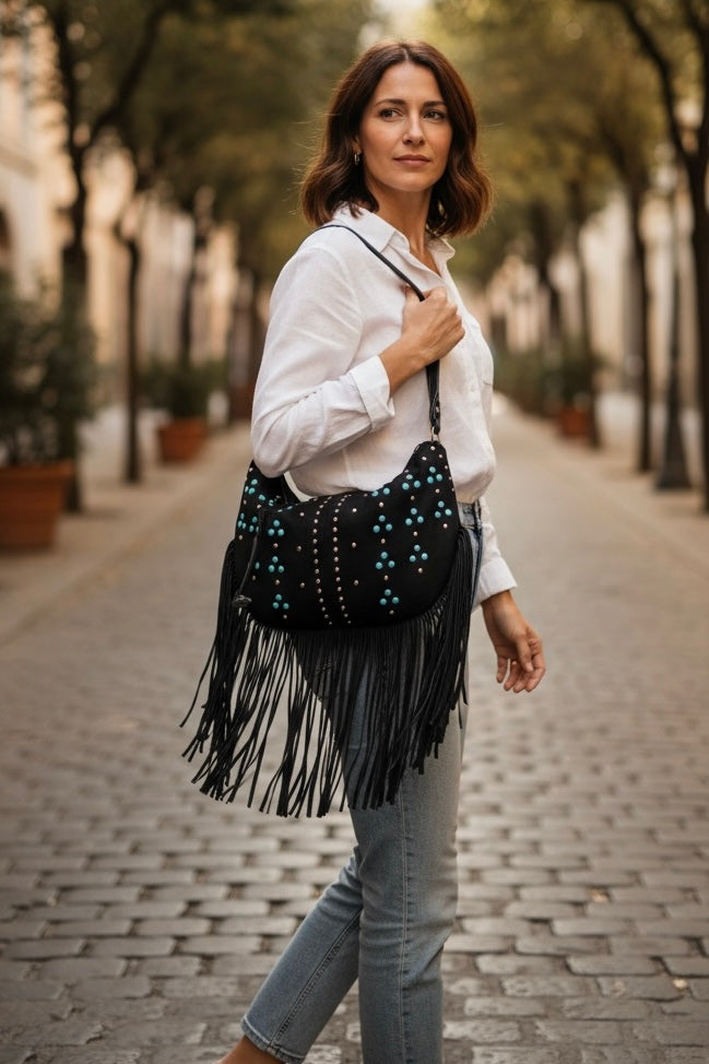 Black Vegan Leather Hobo Bag with Turquoise Studs and Fringe