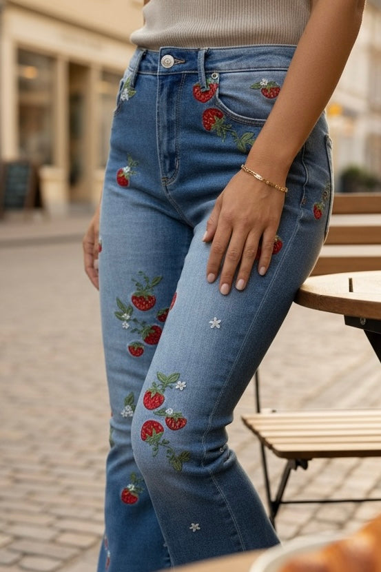 Strawberry Fields Embroidered Washed Denim Flares
