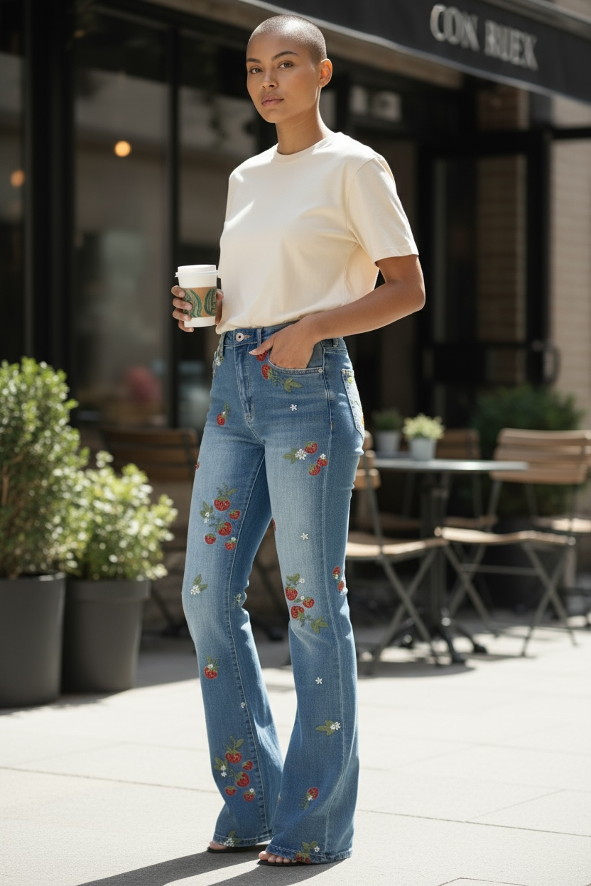 Strawberry Fields Embroidered Washed Denim Flares