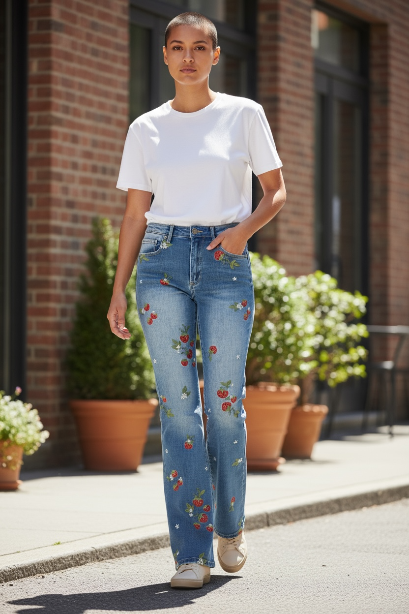 Strawberry Fields Embroidered Washed Denim Flares