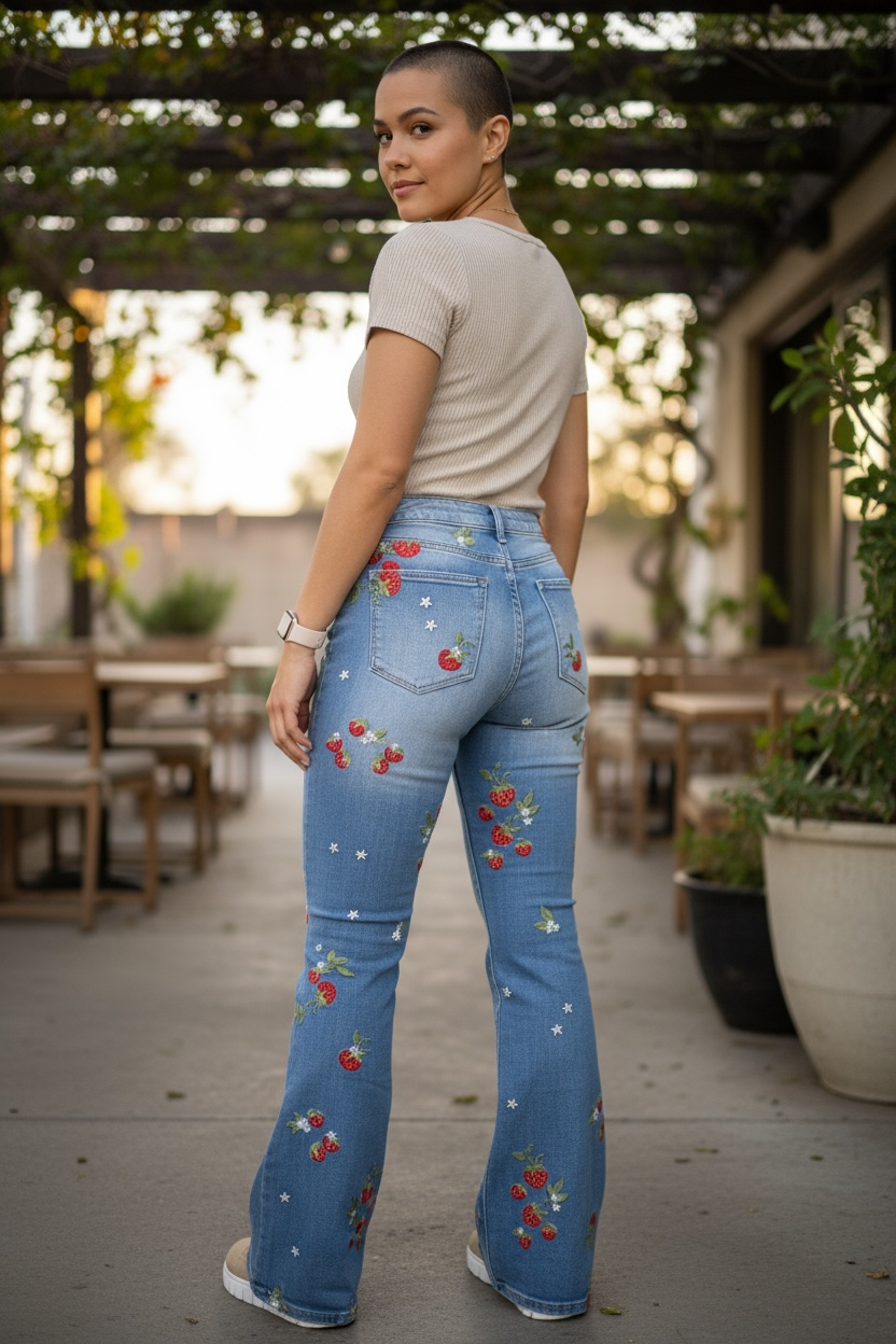 Strawberry Fields Embroidered Washed Denim Flares