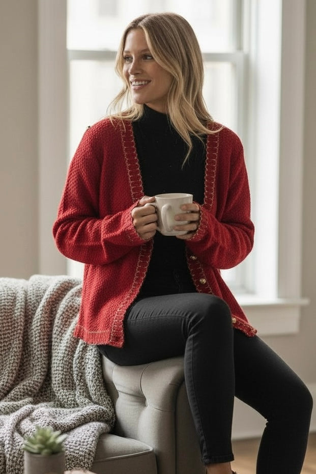 Red Textured Knit Cardigan | Gold Trim Button Front Sweater – xoxo