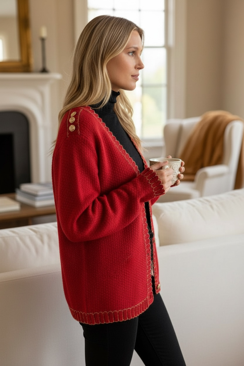 Santa’s Sweetheart Button Front Gold Trim Cardigan