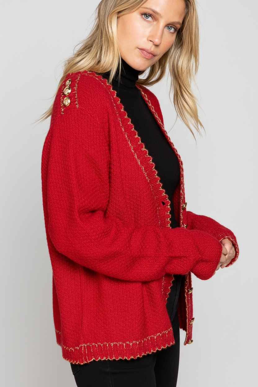 Santa’s Sweetheart Button Front Gold Trim Cardigan