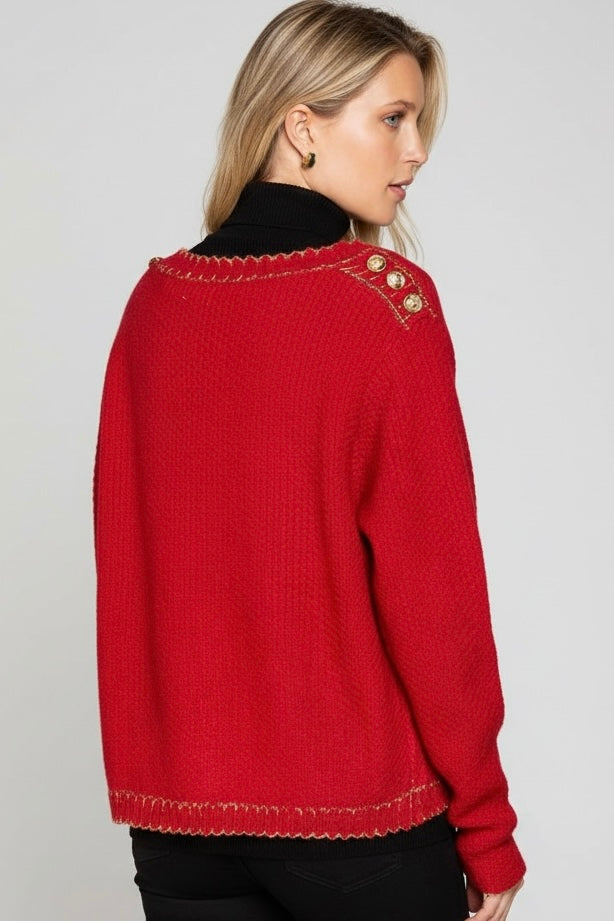 Red Textured Knit Cardigan | Gold Trim Button Front Sweater – xoxo