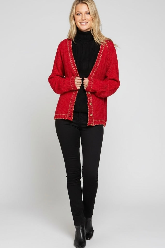 Red Textured Knit Cardigan | Gold Trim Button Front Sweater – xoxo