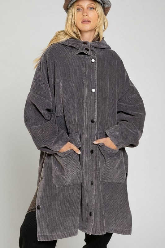 charcoal gray corduroy long coat with oversized fit, hood, snap zip front, and roomy flap pockets for cold weather winter layering