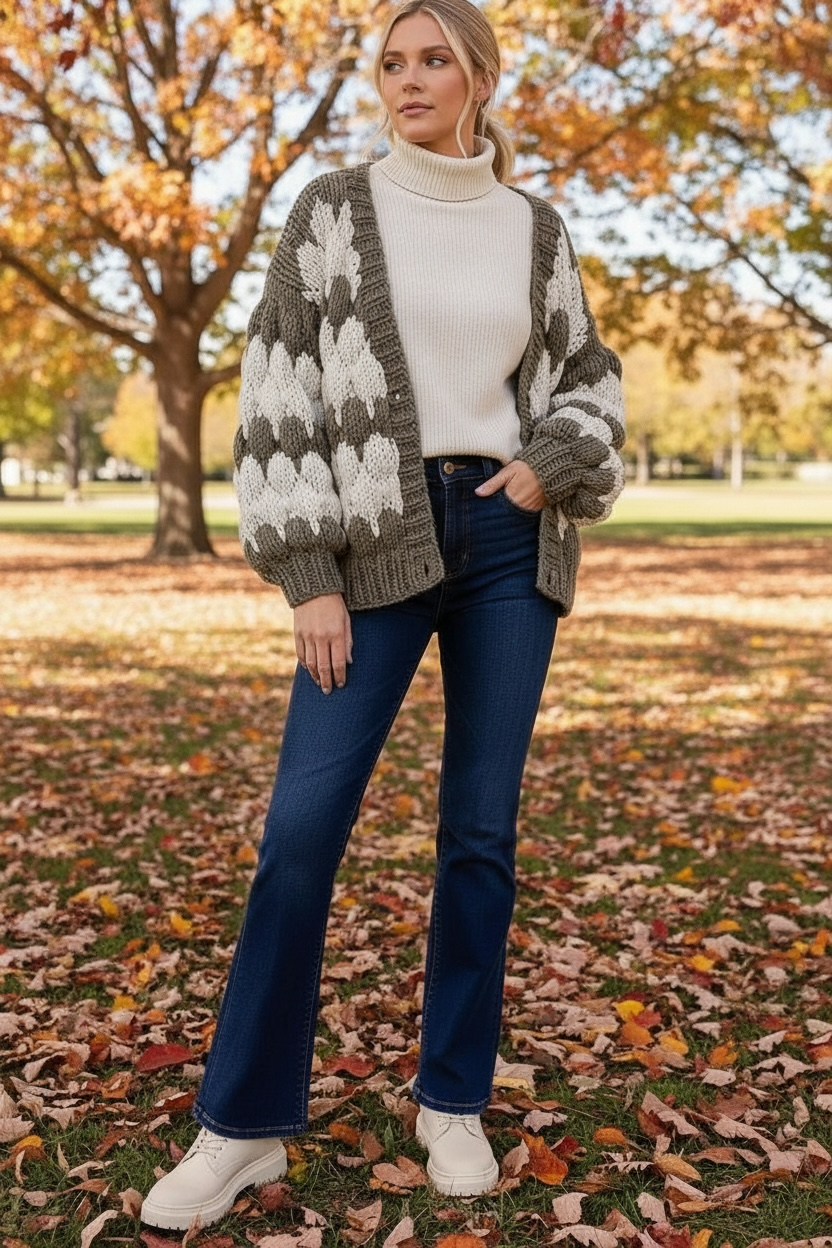Olive and cream chunky knit colorblock cardigan with oversized fit, open front, and balloon sleeves for boho-luxe preppy fall and winter layers.