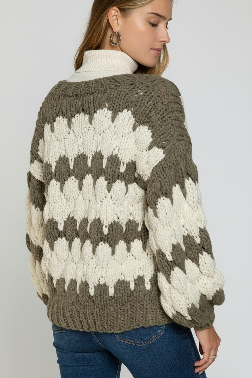 olive and cream handmade chunky cardigan back view showing unique puff stitch texture and thick knit for boho spirit statement layers