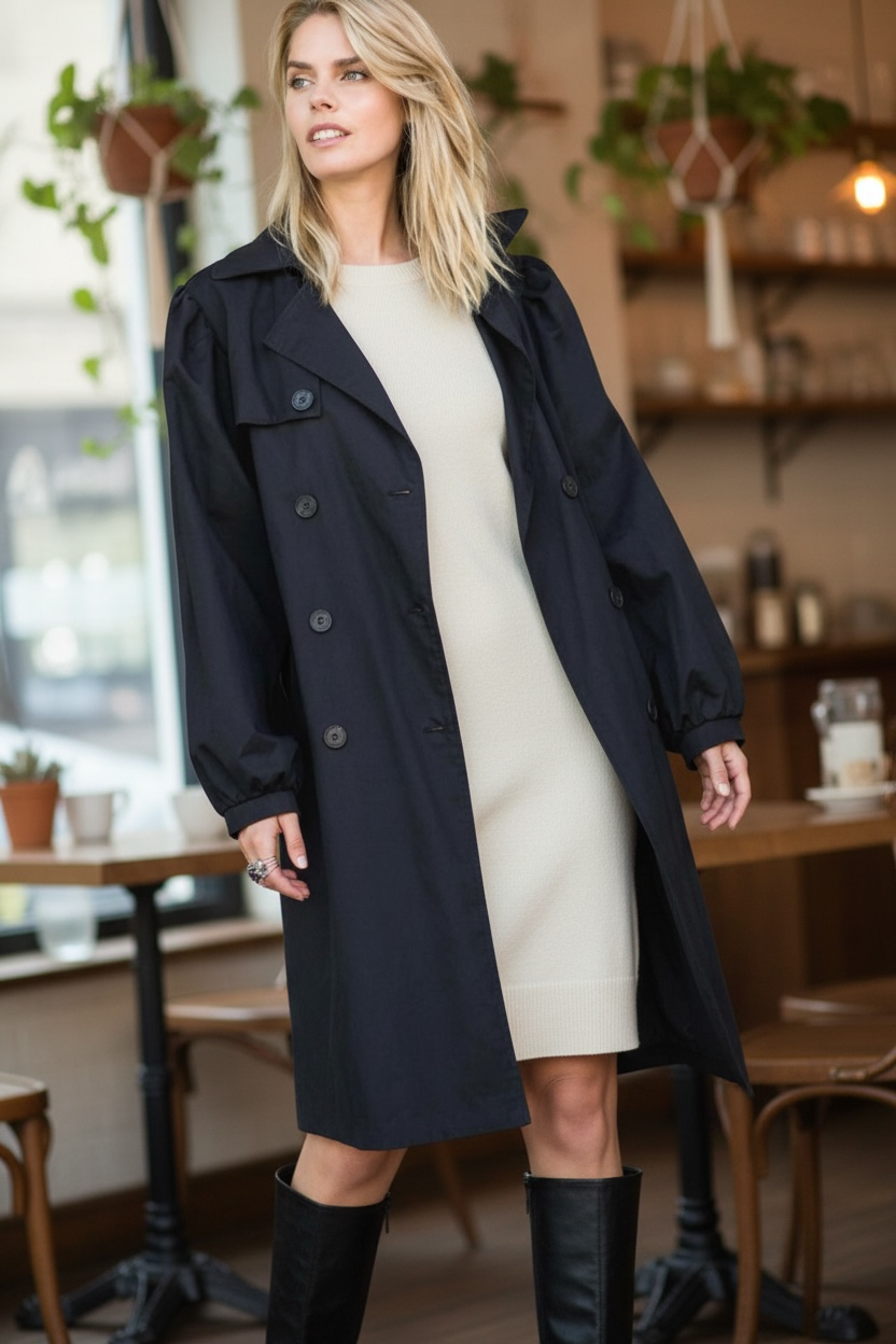 Black double breasted trench coat with puff sleeves and relaxed tailored fit over a cream dress for all season urban chic style