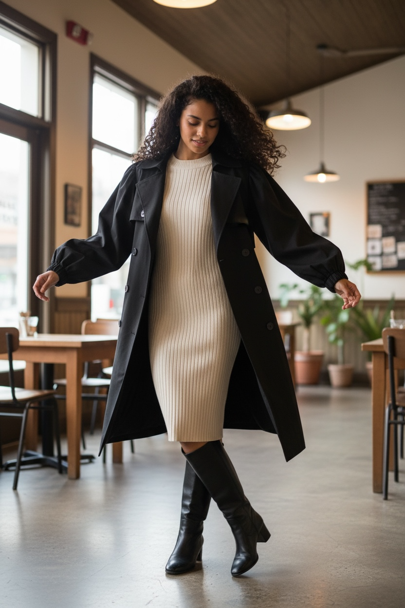 Black long trench coat styled with a ribbed ivory midi dress and knee high boots for modern boho street style