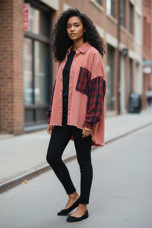 Red corduroy shacket showing plaid sleeves and soft cord texture for relaxed modern street style layering