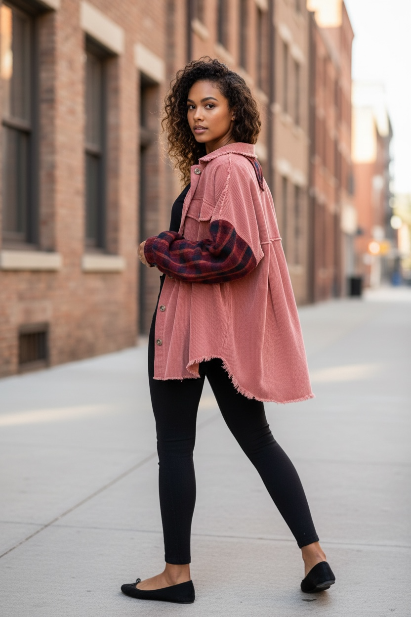 Red corduroy plaid shacket with raw hem and oversized shirt jacket fit for casual effortless everyday style