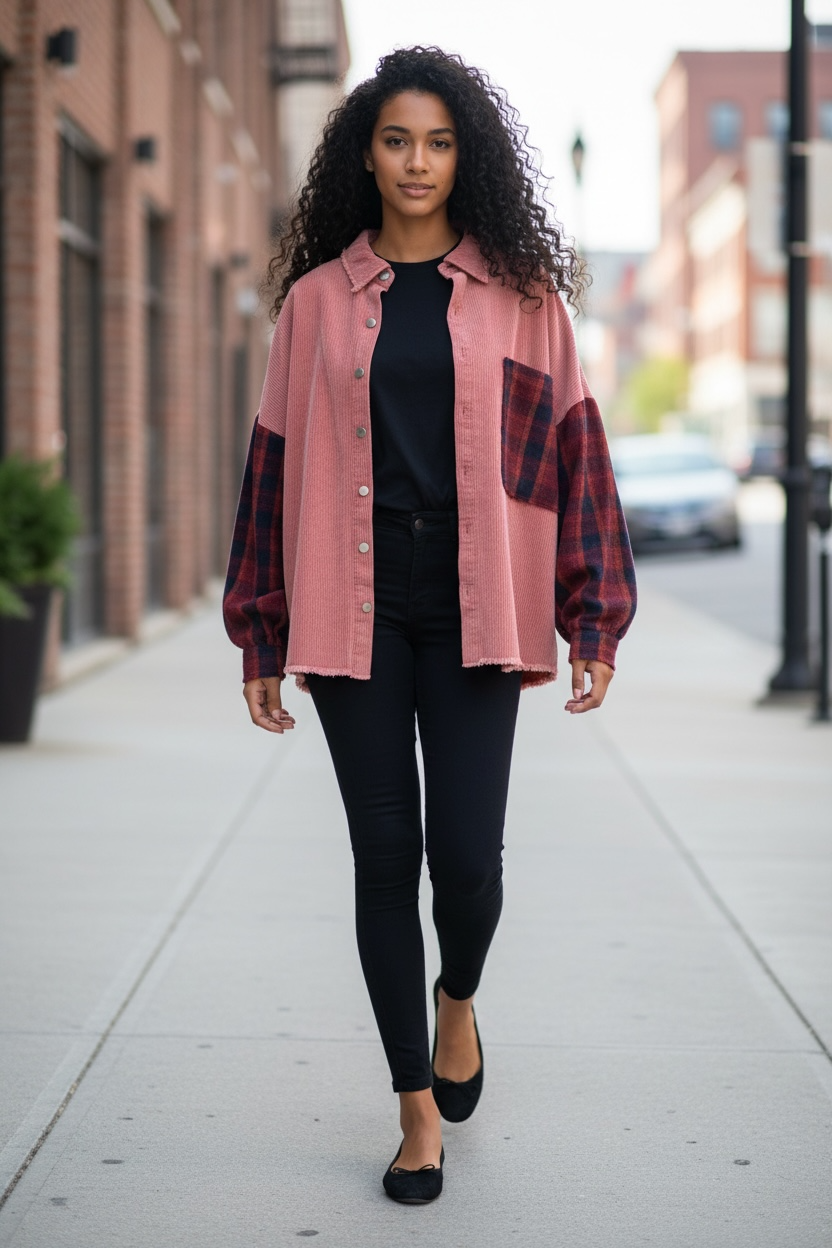 Red corduroy plaid shacket with oversized relaxed fit and raw hem for easy casual layering and modern boho style