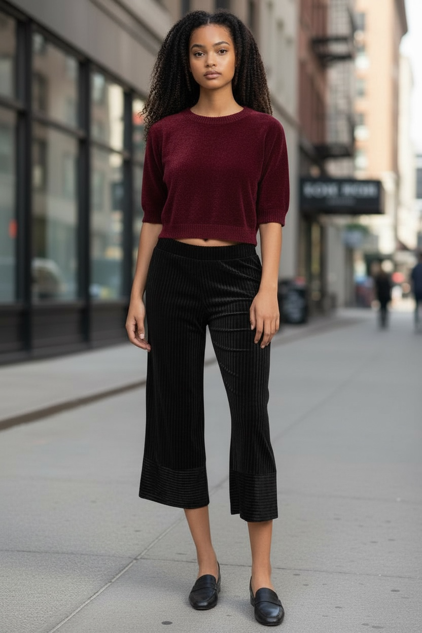 Black velvet cropped wide leg pants with vertical ribbing and a contrast hem, styled with a burgundy knit top for casual chic street style.