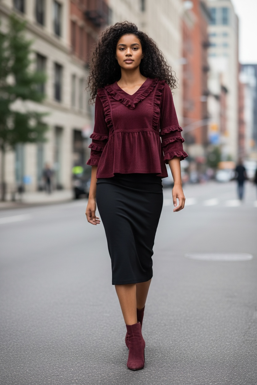 Frill Seeker Ruffled Velvet Peplum Blouse