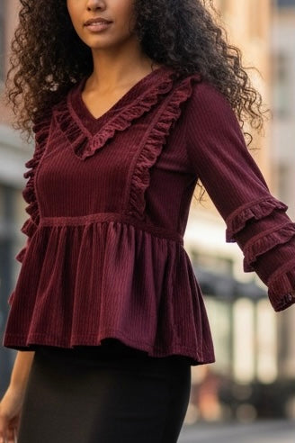 Frill Seeker Ruffled Velvet Peplum Blouse