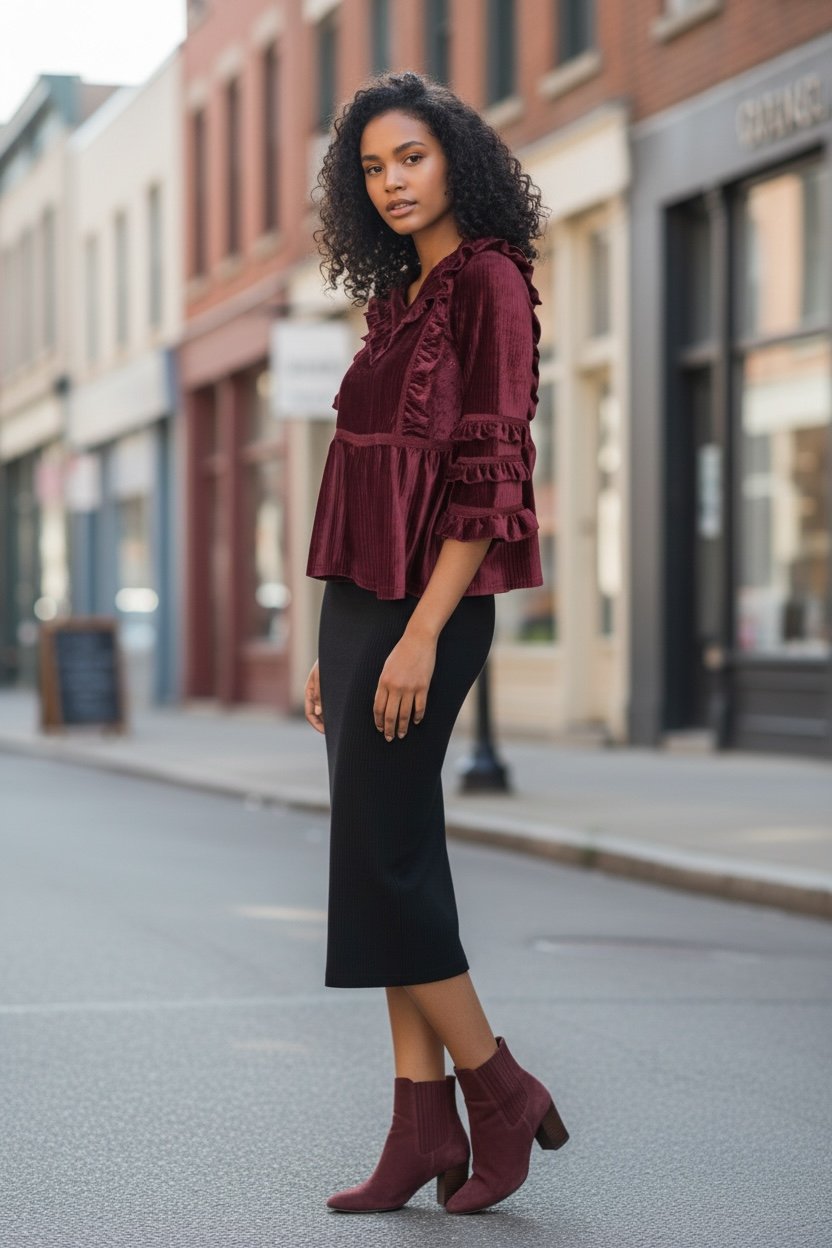 Frill Seeker Ruffled Velvet Peplum Blouse