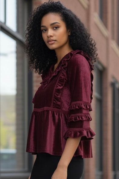 Frill Seeker Ruffled Velvet Peplum Blouse