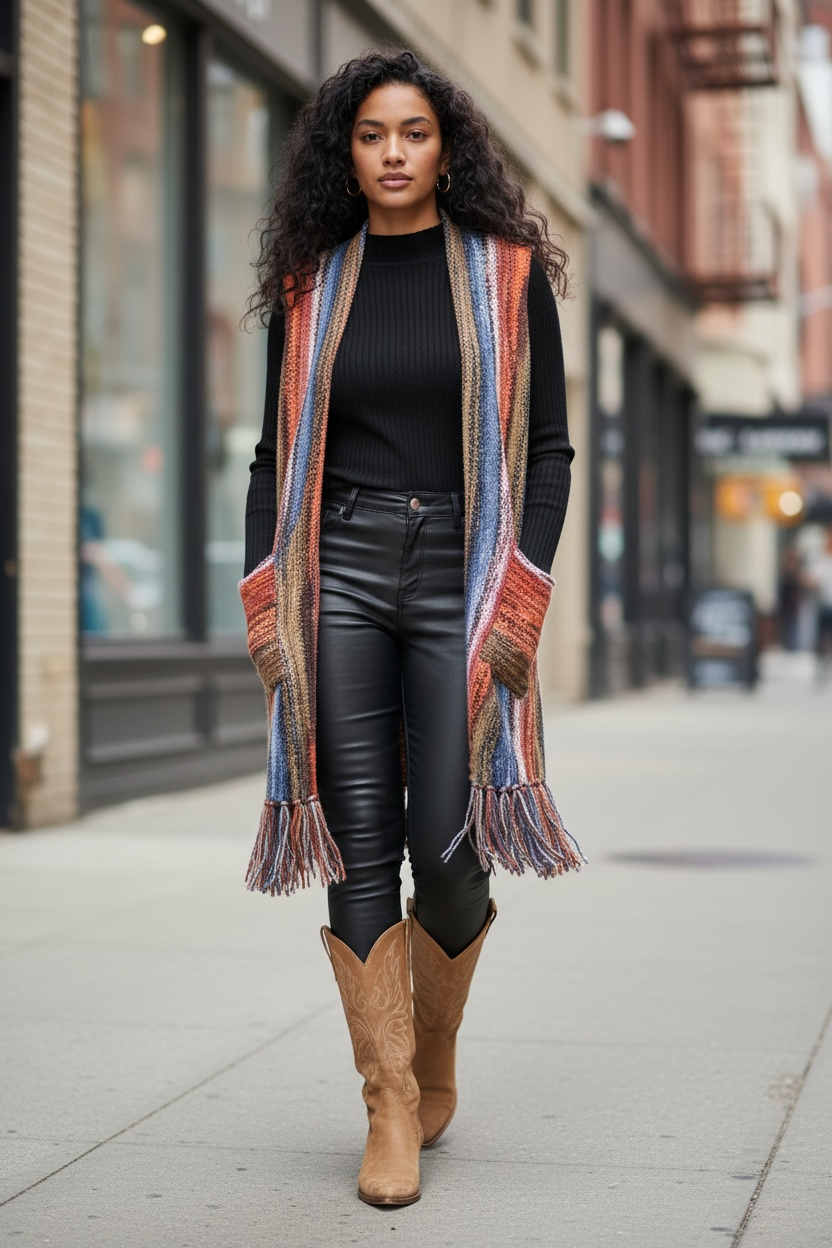 wool blend fringe knit vest with open front in rust and olive mix, longline western layer styled with vegan leather pants and cowboy boots