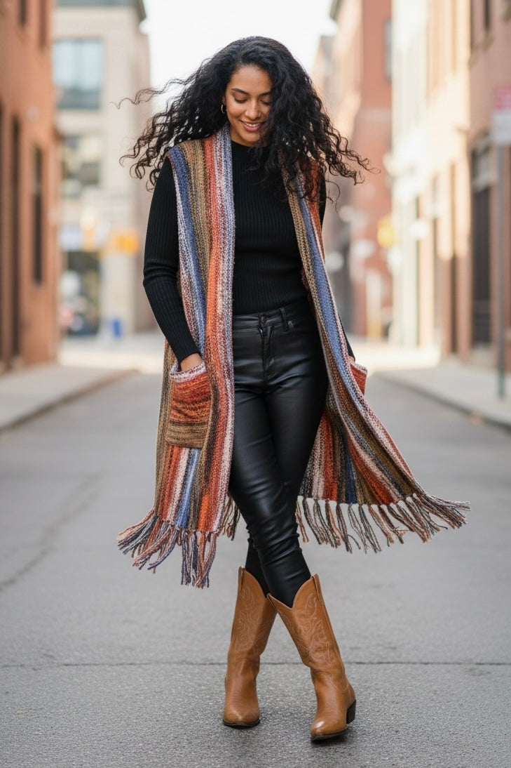 Walk of Fringe Color Blend Open Front Vest