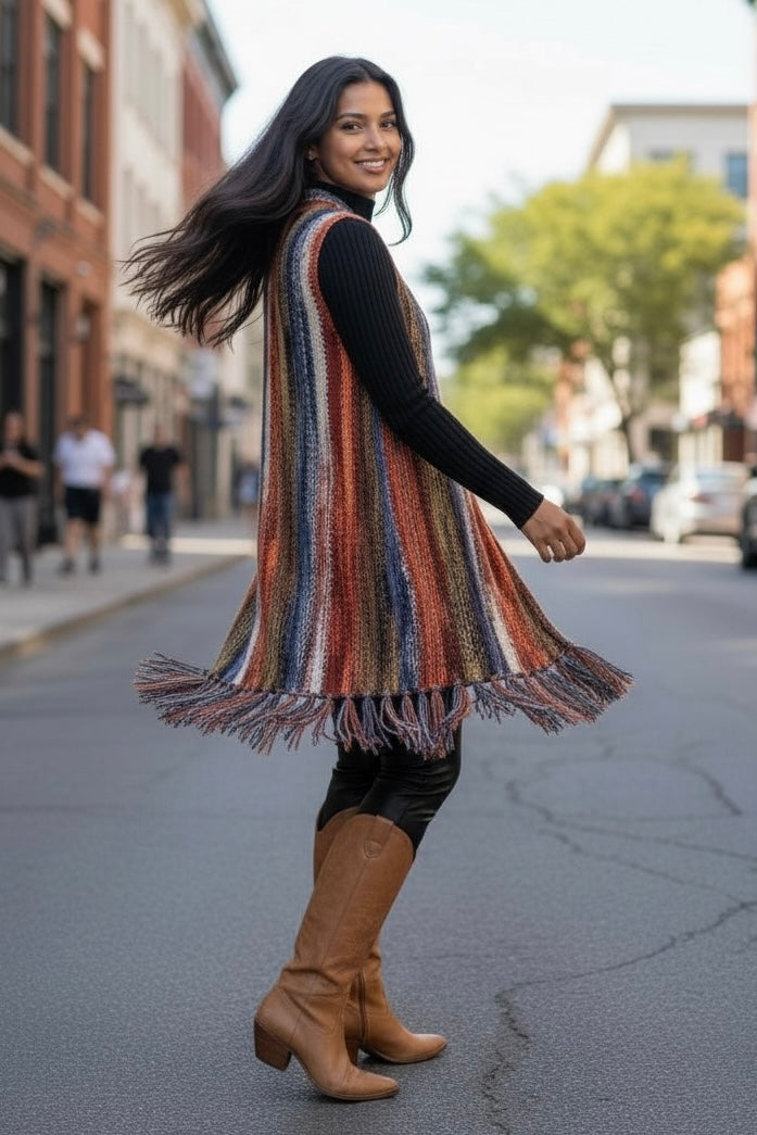 Walk of Fringe Color Blend Open Front Vest