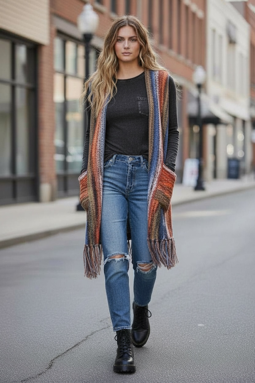 Walk of Fringe Color Blend Open Front Vest