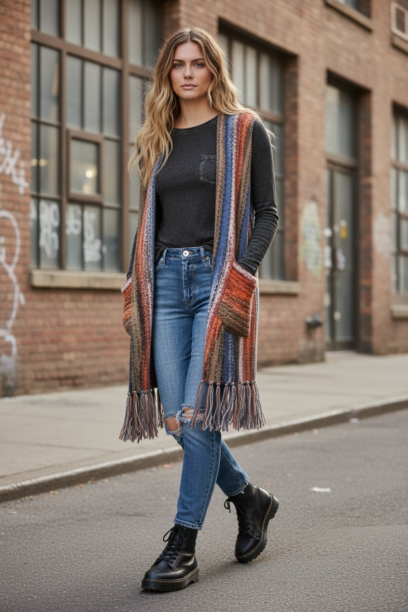 Walk of Fringe Color Blend Open Front Vest