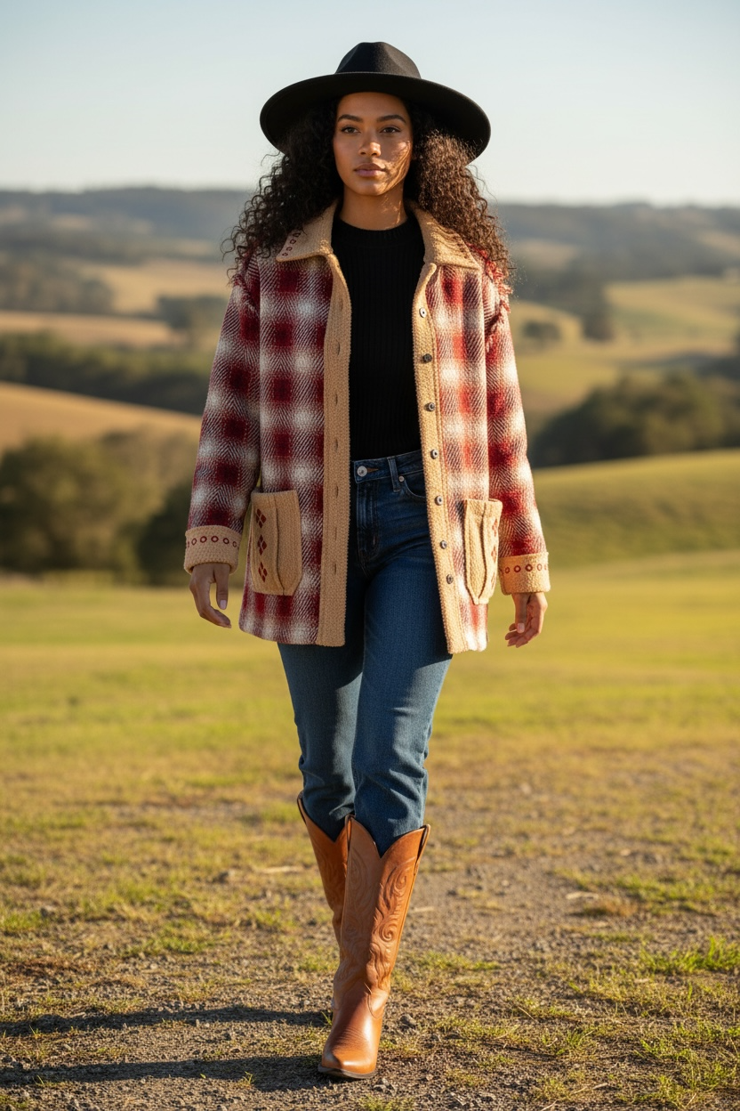 Checkered plaid sherpa trim jacket styled in a ranch style desert glam look with denim and boots.