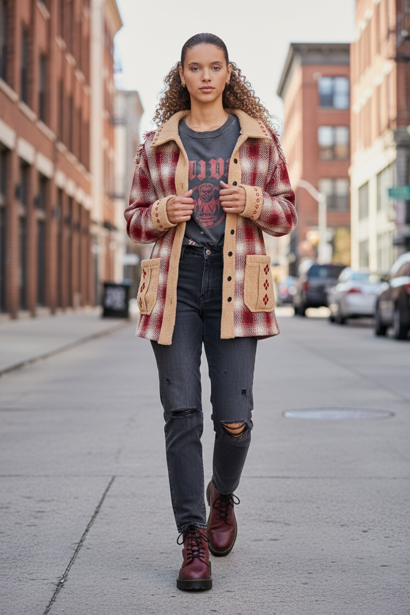 Red plaid sherpa trim jacket styled with black denim for a soft grunge retro 90s street style outfit.