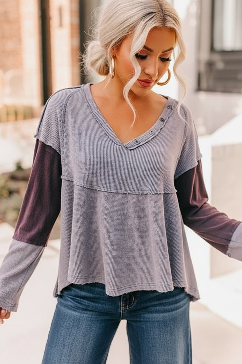 Navy waffle knit babydoll top with colorblock sleeves styled for bold boho outfits and everyday cool girl looks.