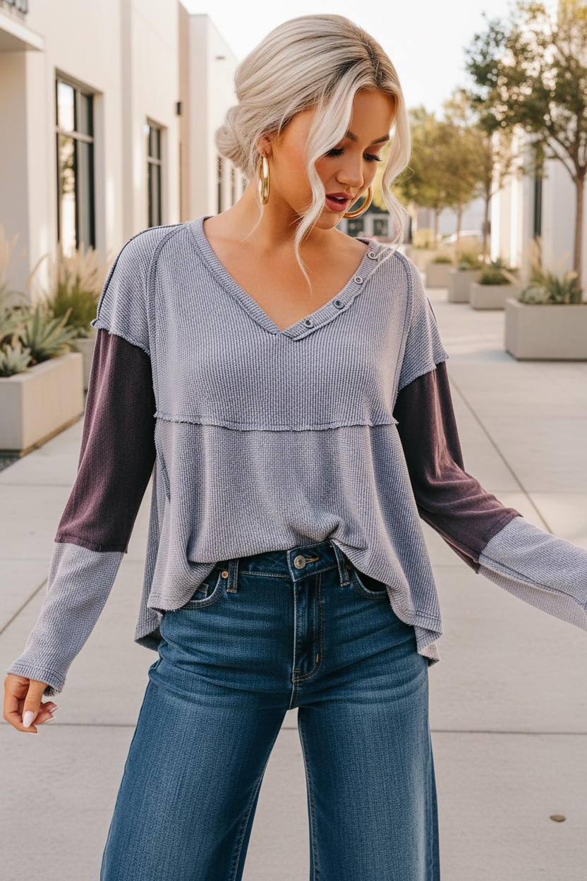 Oversized antique washed navy thermal top with a wide V neck and contrast sleeves styled in a modern boho luxe outfit.
