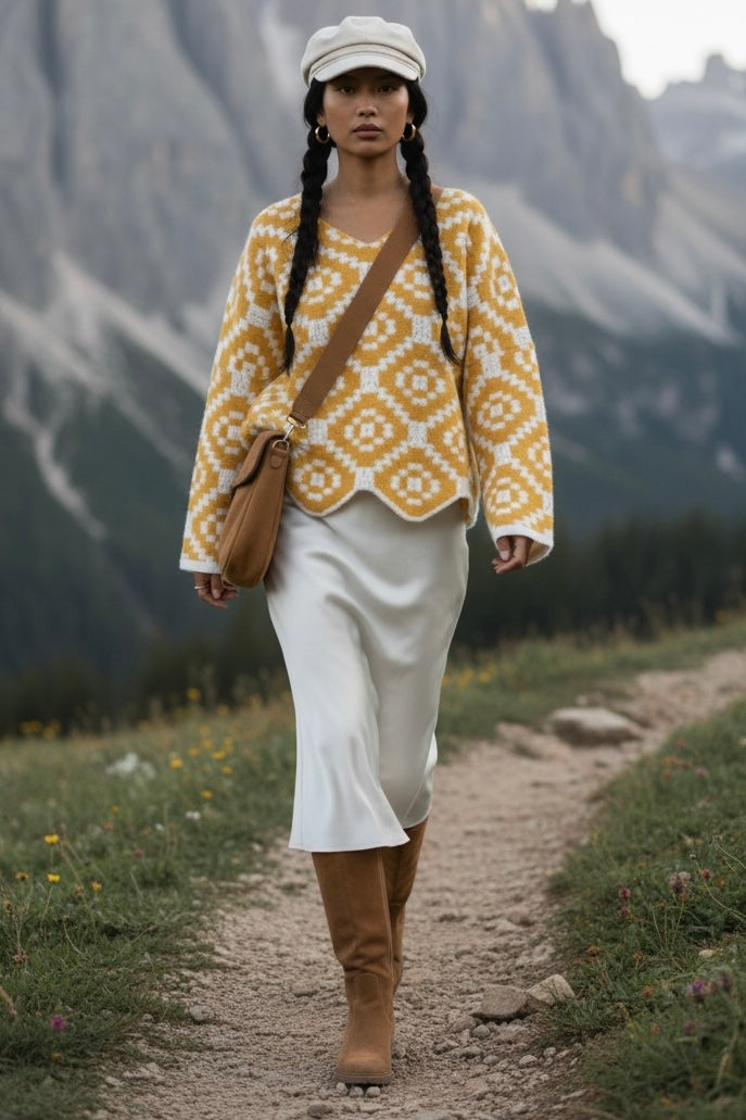 Yellow geometric V neck sweater paired with a white skirt and boots in the mountains for a winter outfit idea.
