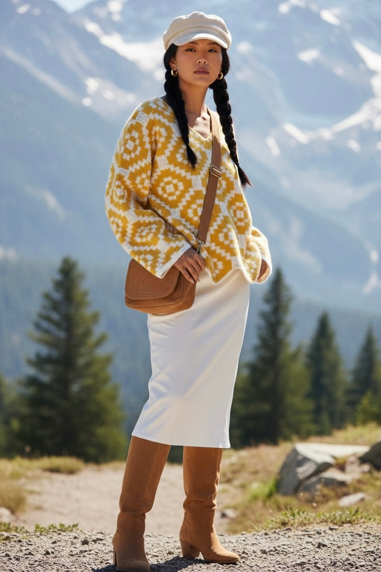 Yellow Geometric Knit Sweater | Scalloped Hem Pullover – xoxo, klowe